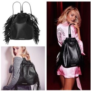 Victoria's Secret Black Fringe Backpack Cinch Faux Leather Moto NWT